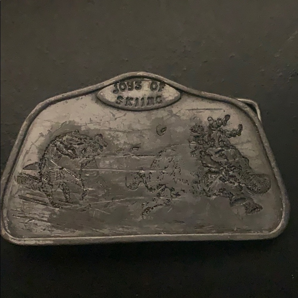 Vintage Bergamot Brass Works 1974 Joys of Skiing Silver Belt Buckle